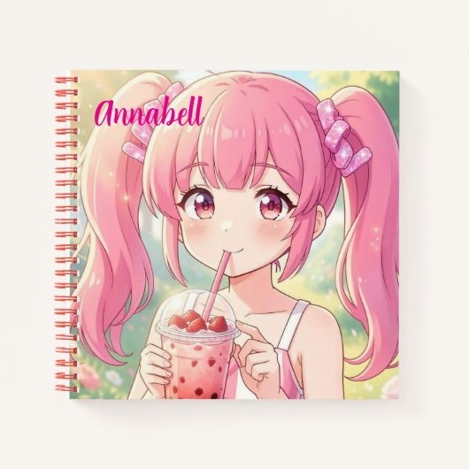 ピンクのバブルティーを飲むかわいいアニメの女の子 ノートブック (正面)
