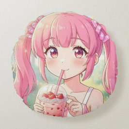 ピンクのバブルティーを飲むかわいいアニメの女の子 ラウンドクッション