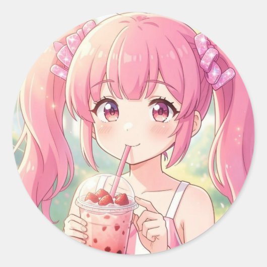 ピンクのバブルティーを飲むかわいいアニメの女の子 ラウンドシール (正面)
