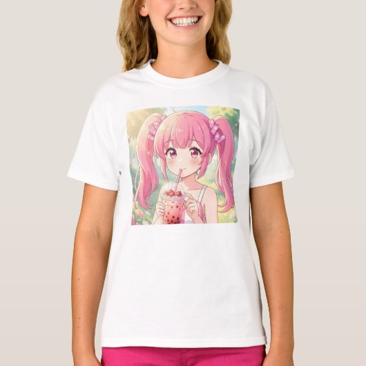 ピンクのバブルティーを飲むかわいいアニメの女の子 Tシャツ (正面)