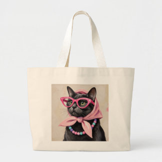ピンクのバブーシュカスカーフを巻いたおしゃれな黒猫 レトロ ラージトートバッグ