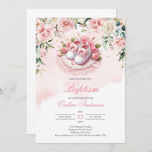 ピンクのバプテスシューズ女の子の赤ちゃんスリッパ赤いバラ 招待状 (正面/裏面)