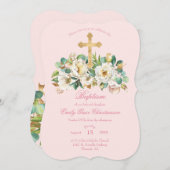 ピンクのバプテスマと白い花と金ゴールドクロス 招待状 (正面/裏面)