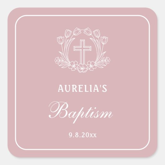 ピンクのバプテスマのシンプルなフローラルクロス スクエアシール (正面)