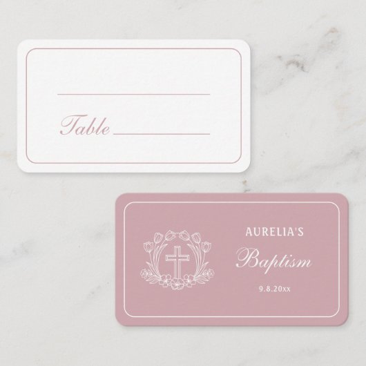 ピンクのバプテスマのシンプルなフローラルクロス プレイスカード (正面/裏面)