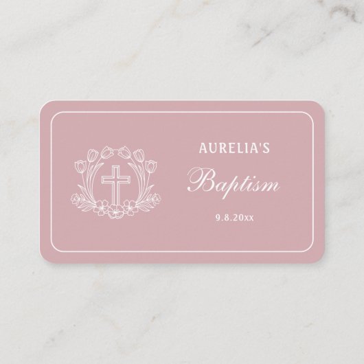 ピンクのバプテスマのシンプルなフローラルクロス プレイスカード (裏面)