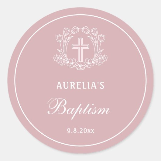 ピンクのバプテスマのシンプルなフローラルクロス ラウンドシール (正面)