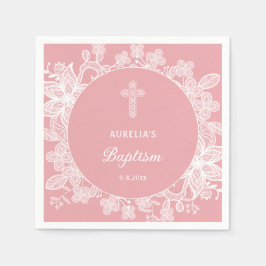 ピンクのバプテスマのホワイトレース スタンダードカクテルナプキン