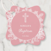 ピンクのバプテスマのホワイトレース フェイバータグ (正面)