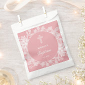 ピンクのバプテスマのホワイトレース フェイバーバッグ (クリップ留めされた状態)