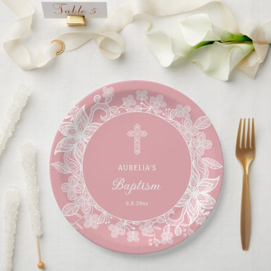 ピンクのバプテスマのホワイトレース ペーパープレート (ウェディング)