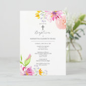 ピンクのバプテスマの招待状神の親の名前フラワー 招待状 (スタンド正面)