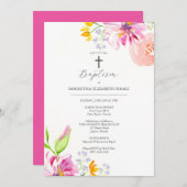 ピンクのバプテスマの招待状神の親の名前フラワー 招待状 (正面/裏面)