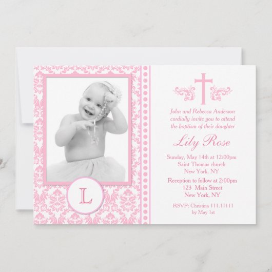 ピンクのバプテスマ写真招待状 招待状 (正面)