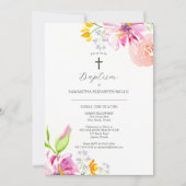 ピンクのバプテスマ招待状水彩花 招待状 (正面)