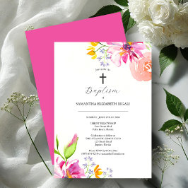 ピンクのバプテスマ招待状水彩花 招待状