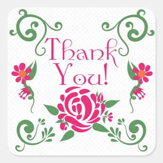 ピンクのバラありがとう正方形のステッカー、光沢 スクエアシール (正面)