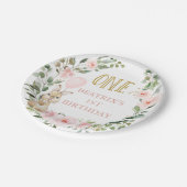 ピンクのバラあるバニーが1歳の誕生日を飾る ペーパープレート (アングル)