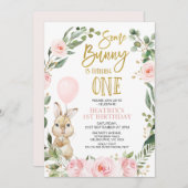 ピンクのバラあるバニーが1歳の誕生日を飾る 招待状 (正面/裏面)