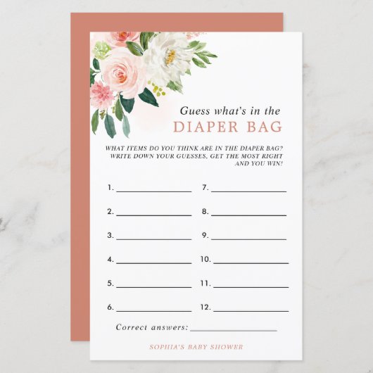 ピンクのバラおむつバッグシャワーゲームに何がある (正面/裏面)