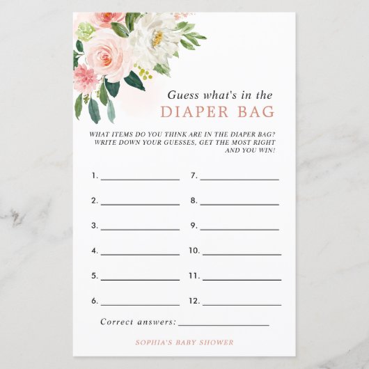 ピンクのバラおむつバッグシャワーゲームに何がある (正面)