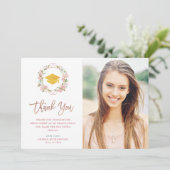 ピンクのバラおよびばら色の金ゴールドの原稿|の写真の卒業 サンキューカード (スタンド正面)