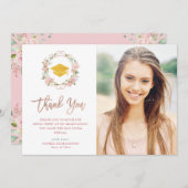 ピンクのバラおよびばら色の金ゴールドの原稿|の写真の卒業 サンキューカード (正面/裏面)