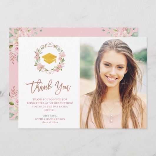 ピンクのバラおよびばら色の金ゴールドの原稿|の写真の卒業 サンキューカード (正面/裏面)