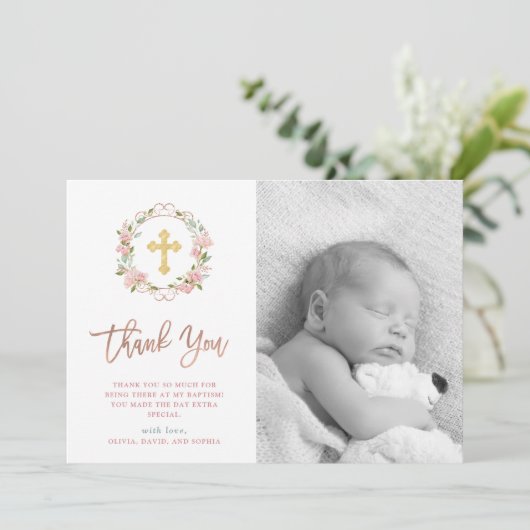 ピンクのバラおよびばら色の金ゴールドの原稿|の写真の洗礼 サンキューカード (スタンド正面)