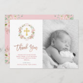 ピンクのバラおよびばら色の金ゴールドの原稿|の写真の洗礼 サンキューカード (正面/裏面)