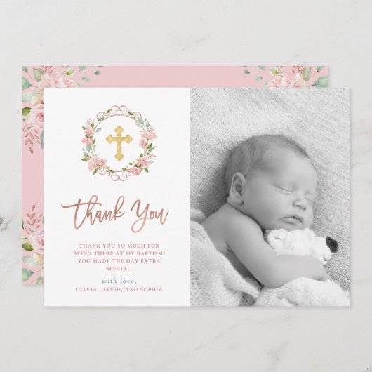 ピンクのバラおよびばら色の金ゴールドの原稿|の写真の洗礼 サンキューカード (正面/裏面)