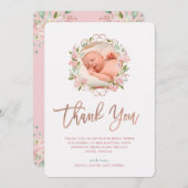 ピンクのバラおよびばら色の金ゴールドの原稿|の写真の洗礼 サンキューカード (正面/裏面)