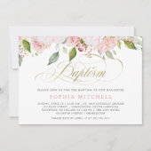 ピンクのバラおよびエレガントな金ゴールドの原稿|の洗礼 招待状 (正面)