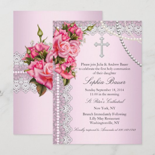 ピンクのバラがクロスする聖体拝領または洗礼 招待状 (正面/裏面)