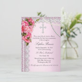 ピンクのバラがクロスする聖体拝領または洗礼 招待状 (スタンド正面)