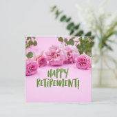 ピンクのバラがピンクの背景でハッピーリタイアメント カード (スタンド正面)