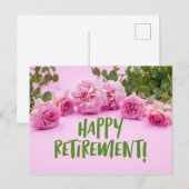 ピンクのバラがピンクの背景でハッピーリタイアメント ポストカード (正面/裏面)
