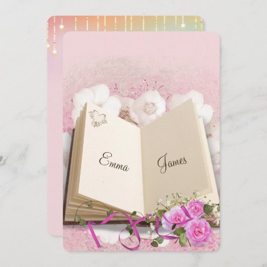 ピンクのバラがリニューアル結婚の本を誓う 招待状 (正面/裏面)