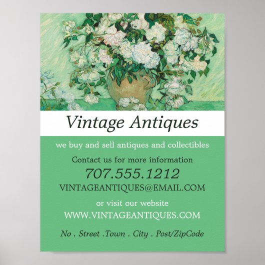 ピンクのバラが付いた花瓶ファンゴッホアンティーク店 ポスター (正面)