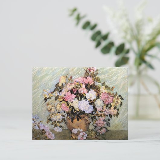 ピンクのバラが付いた花瓶(F681)ファンゴッホファインアート ポストカード (スタンド正面)
