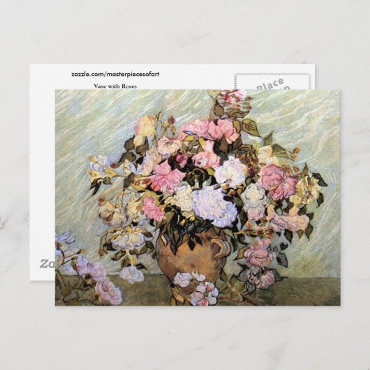 ピンクのバラが付いた花瓶(F681)ファンゴッホファインアート ポストカード (正面/裏面)