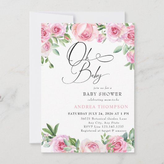 ピンクのバラが優しいベビーシャワー 招待状 (正面)