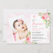 ピンクのバラが咲く女の子の赤ちゃんの写真 洗礼 招待状 (正面)