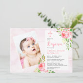 ピンクのバラが咲く女の子の赤ちゃんの写真 洗礼 招待状 (スタンド正面)
