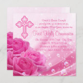 ピンクのバラが最初の聖餐式 招待状 (正面/裏面)