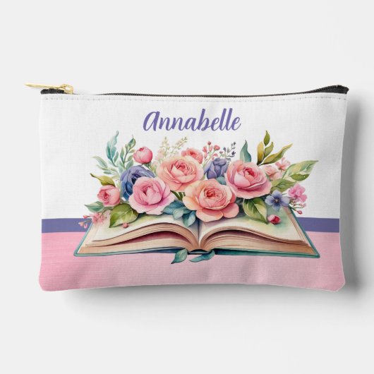 ピンクのバラが本の小さなアクセサリー アクセサリーポーチ (正面)