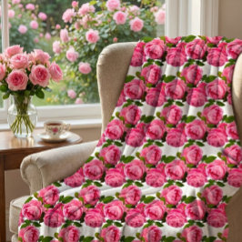 ピンクのバラが白 フリースブランケット