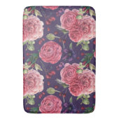 ピンクのバラが紫色のパターンにロマンチック バスマット (正面縦)