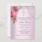 ピンクのバラが聖体拝領またはバプテスマを越える 招待状 (正面)