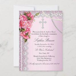 ピンクのバラが聖体拝領またはバプテスマを越える 招待状